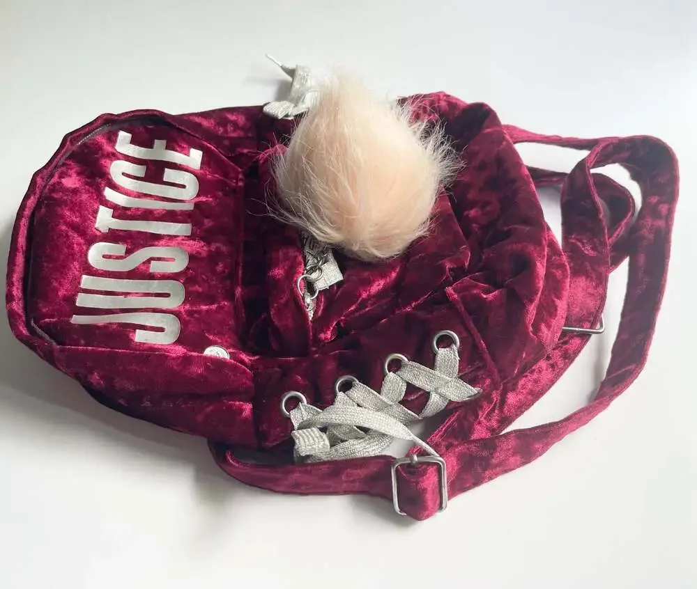 Justice Red Velvet Mini Backpack with Silver Lacing and Pom Pom